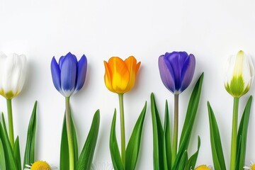 A vibrant collection of various meadow flowers, presenting unique shapes and colors, meticulously arranged on a stark white background to highlight their natural beauty.