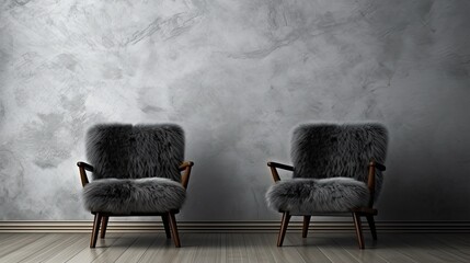 Two black fluffy fur armchair made of sheepskin against a background of dark plaster wall with copy space. Minimalist home interior design for modern living room.