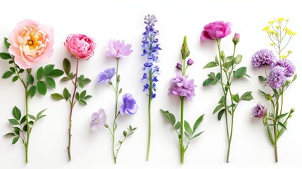 Obraz premium A vibrant collection of various meadow flowers, presenting unique shapes and colors, meticulously arranged on a stark white background to highlight their natural beauty.