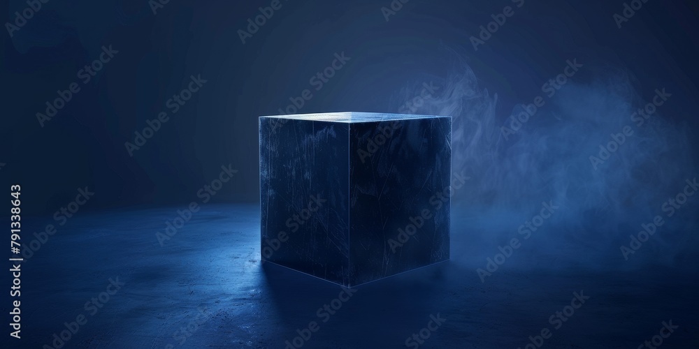 Poster mysterious dark blue cube with hyper-real texture on cubed background