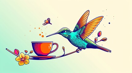 A tiny hummingbird, its iridescent feathers shimmering in the sunlight, delicately balanced on a delicate twig, taking a dainty sip from a miniature cup of coffee perched on a blooming orchid - obrazy, fototapety, plakaty
