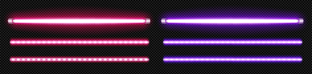 Neon light led tube and stripe on transparent background. Realistic 3d vector illustration set of purple and pink fluorescent halogen lamp with glow effect for bar night party or casino design.