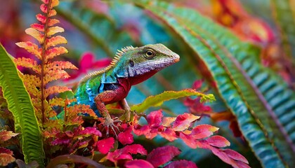 colorful lizard sitting on a plants leaf in color on very colorful plants lizard, reptile, green, animal, nature, iguana, wildlife, dragon, wild, chameleon, isolated, lacerta, macro - obrazy, fototapety, plakaty