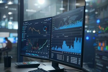 Detailed Financial Data Analysis Displayed on Dual Monitors in a Modern Office Setting