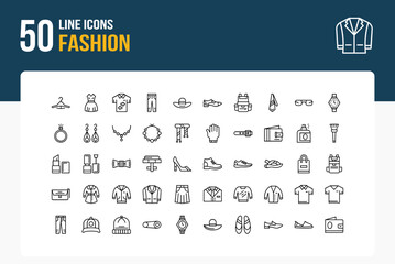 Fototapeta premium Set of 50 Fashion icons related to Hanger, Dress, Hat, Shoe Line Icon collection