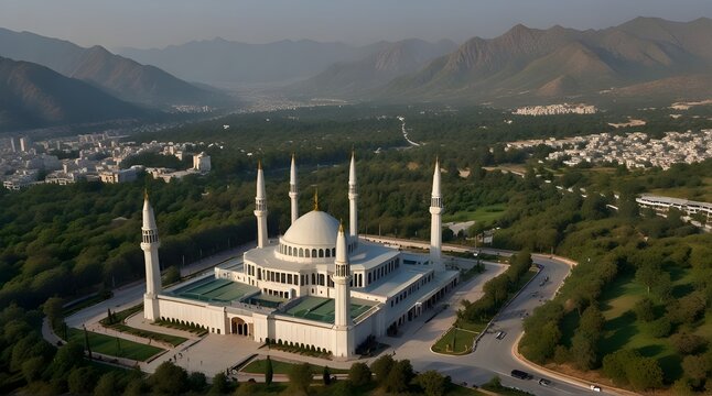 Aerial shot of Islamabad, the capital city of Pakistan showing the landmark Shah Faisal Mosque.generative.ai