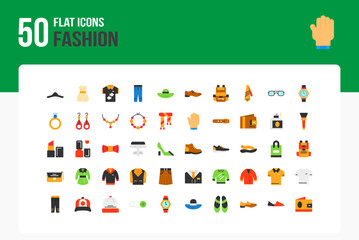 Set of 50 Fashion icons related to Hanger, Dress, Hat, Shoe Flat Icon collection