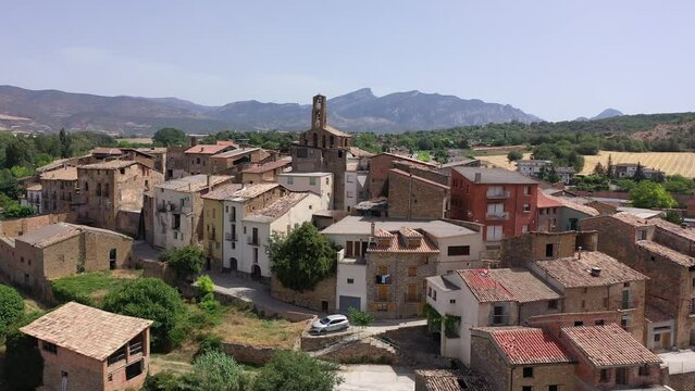 Drone photo of Figuerola d'Orcau, small town in comarca of the Pallars Jussa, Catalonia, Spain.