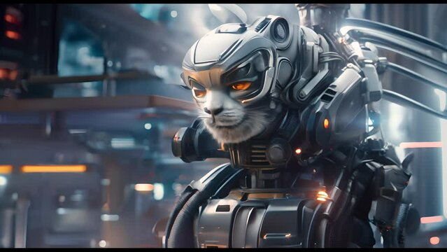 Anthropomorphic fantasy cat in cyborg armor. Fantastic android kitten in cyberpunk style. Technology and future concept.