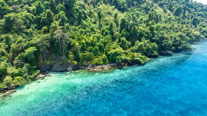 Aerial view of islands, Andaman Sea, natural blue waters and forests, tropical sea of Thailand....