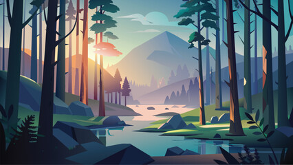 Landscape vector illustration of foggy forest in morning. Misty mountains, Trees, River, Road, Moon