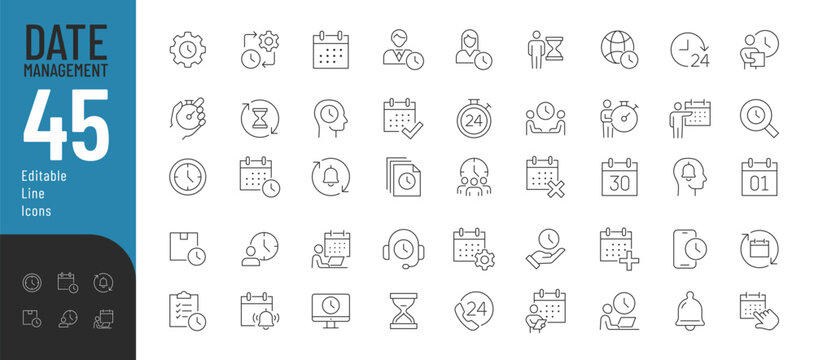 Date Management Line Editable Icons set. Vector illustration in modern thin line style of time management related icons: calendar, planning, schedule, time, and more. Pictograms and infographics.