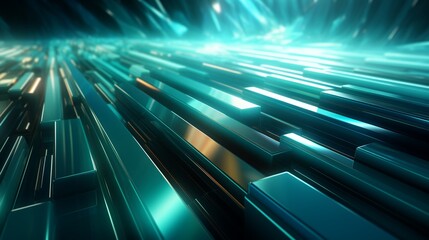 Radiant teal and silver light lines, abstract art style, sharp focus, diagonal camera view , 3D render