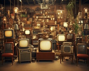 Vintage television repair shop, old TVs with vacuum tubes, midcentury modern style, sepia tones , 3D render