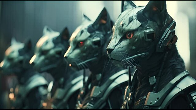 Anthropomorphic fantasy soldier cat in cyborg armor. Fantastic android kitten with weapon in cyberpunk style. Technology and future war concept.