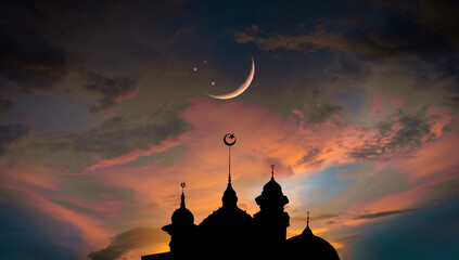 Night sky with crescent moon and stars of Ramadan sky. Mosque dome, Islamic landmark.mosque dome of...