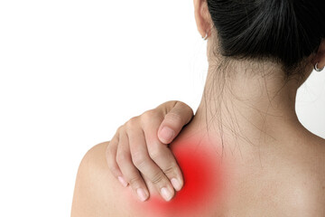 Women have neck pain, shoulder pain, on white background. health concept.
