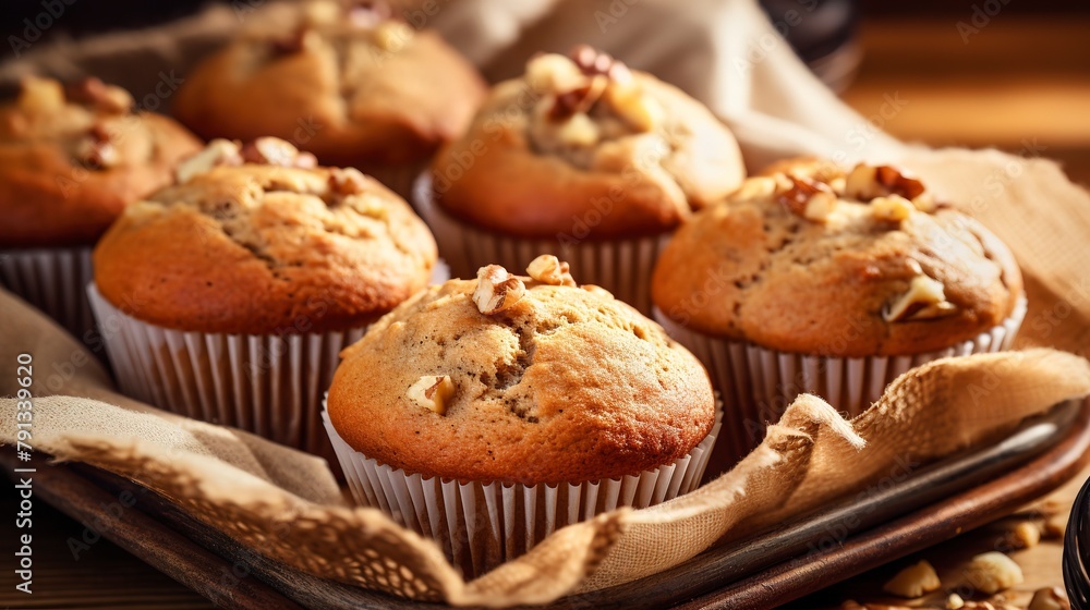 Canvas Prints Banana nut muffins fresh out of the oven, close-up, showing the moist texture and walnut topping, on a rustic cloth.