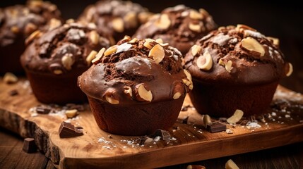 Artisanal chocolate and hazelnut muffins, close-up, with a focus on the cracked tops and hazelnut pieces, on a wooden board.  - obrazy, fototapety, plakaty