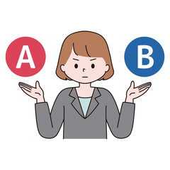 AとBを比べるスーツ姿の女性のイラスト