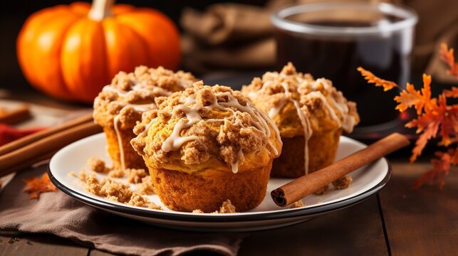 Pumpkin spice muffins, close-up, with a streusel topping and a cinnamon stick garnish, on a fall-themed plate.