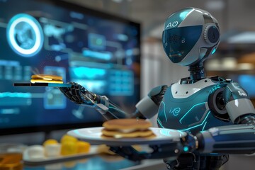 In the zerogravity kitchen of a space station, a tiny robot chef named Astro deftly flipped pancakes, its spatula gliding through the air with robotic precision - obrazy, fototapety, plakaty