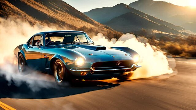 Vintage car on the road. Seamless looping time-lapse 4k video animation background