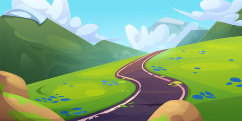 Winding road on mountain background. Vector cartoon illustration of curvy highway on green hill with grass and summer flowers, glacier on rocky peaks, fluffy clouds in blue sky, travel game backdrop - obrazy, fototapety, plakaty