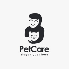 Obraz premium A woman hug a cat, pet care logo icon vector template on white background