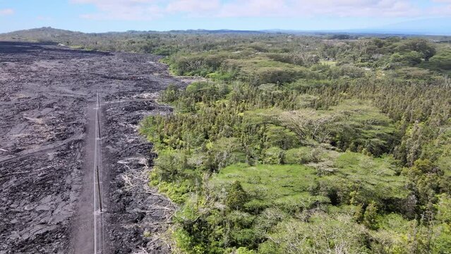 Drone tracks, revealing vast lava fields from Leilani eruption on Big Island, Hawaii