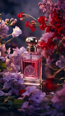 Bottle of perfume surrounded by flowers, product photography