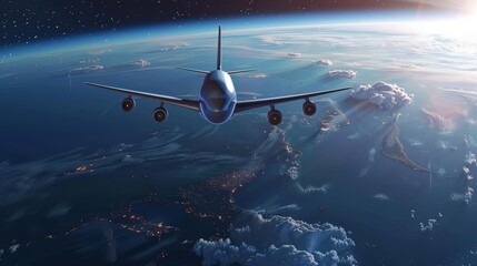 3d realistic airplane flight - world tour to planet. Vector illustration. 