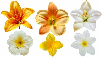Fototapeta na wymiar A Vibrant Collection Of Various Colorful Meadow Flowers Arranged on a White Background. Presenting unique shapes and colors, meticulously arranged to highlight their natural beauty.
