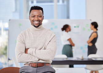 Man, portrait and arms crossed in workshop, office and happy with confidence, pride or leadership. African entrepreneur, black business owner or smile in boardroom for presentation at creative agency - obrazy, fototapety, plakaty