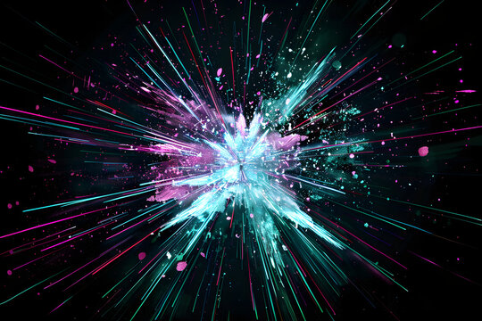 Neon light burst explosion with turquoise and magenta glowing rays. Energetic artwork on black background.