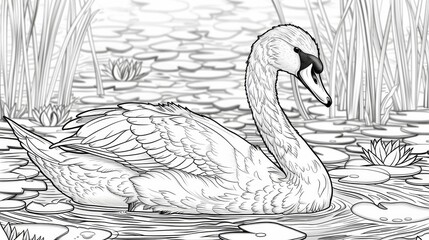 Animals: A coloring book page of a graceful swan swimming on a peaceful lake