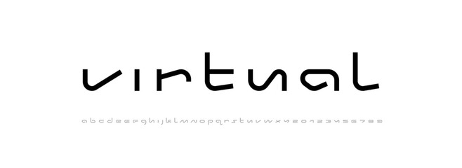 Virtual wide future font, digital cyber alphabet, trendy original letters from A to Z and numbers from 0 to 9, vector illustration 10EPS