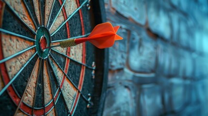 A dartboard with a bullseye hit by a red dart represents precision targeting and business success.