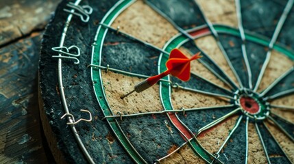 A dartboard with a bullseye hit by a red dart represents precision targeting and business success.