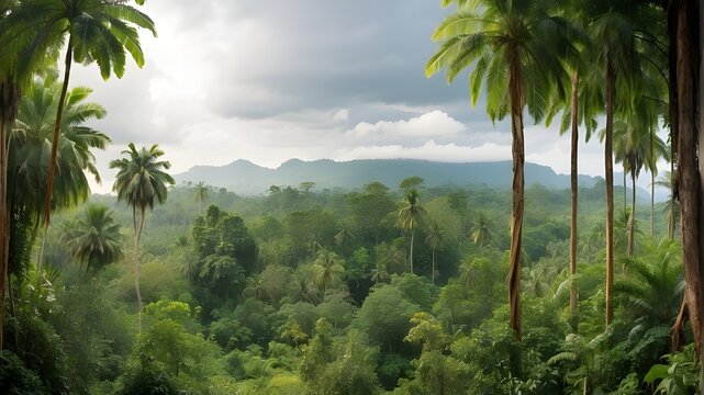 panoramic picture of the jungle in the tropics. A panoramic view of a tropical rain forest and lush vegetation