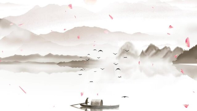China's traditional Oriental Digital Art Animation, Chinese painting ink in mountain with flowers, tree, birds, river in fog background artwork. Chinese landscape, scenery artwork, misty mountains