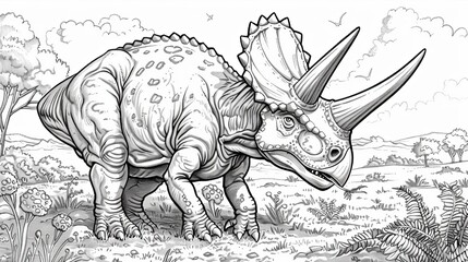 Dinosaurs: A coloring book illustration of a Triceratops grazing peacefully in a prehistoric meadow