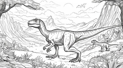 Dinosaurs: A coloring book page depicting a Velociraptor hunting its prey