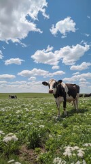 A cow is standing in a field of grass with a blue sky in the background