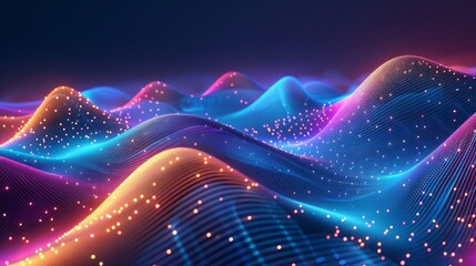 Abstract, dynamic background featuring a colorful gradient hologram with particles flowing like...