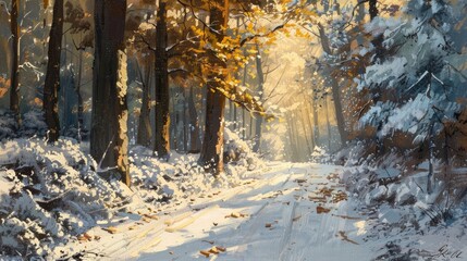Sunlit snowy woodland
