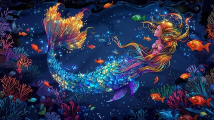Fototapeta na wymiar Fantasy: A coloring book illustration of a magical mermaid swimming gracefully in the depths of the ocean