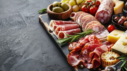Antipasto board with various meat and cheese snacks. With copy space 