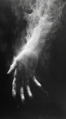 A hand is shown in a black and white photo with a white background