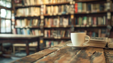 Defocused bookworms paradise Amid the softly blurred shelves of literature a cup of coffee sits peacefully on a worn wooden desk perfect for getting lost in the pages of a classic .